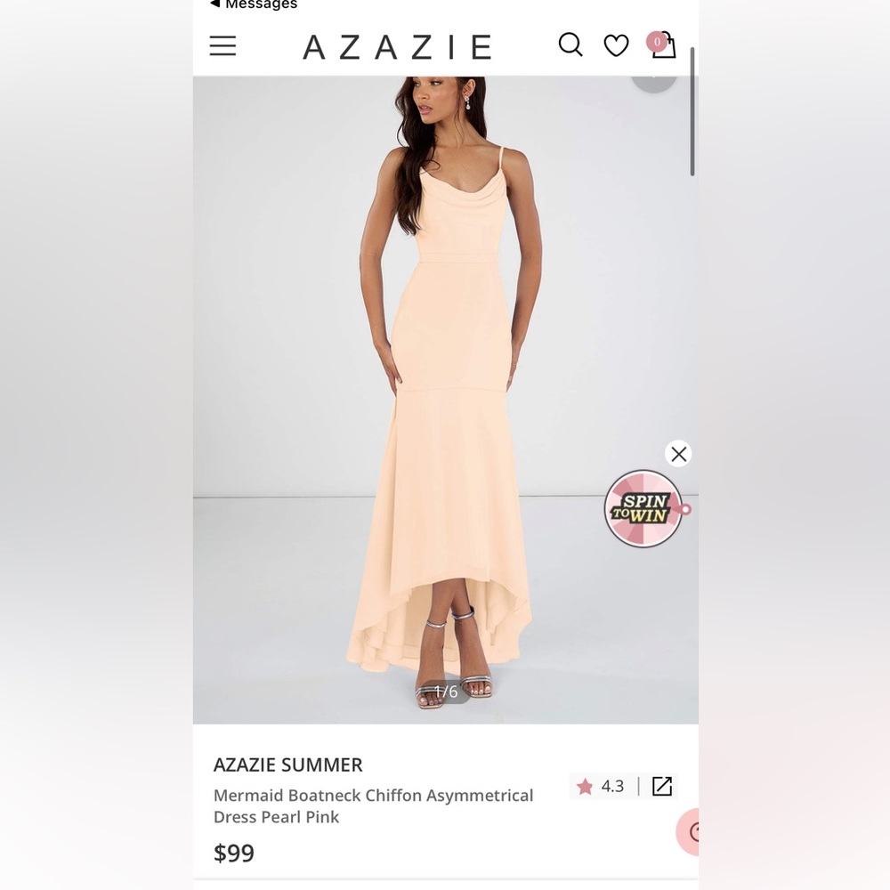 Azazie Summer Mermaid Boatneck Chiffon Asymmetrical Dress Pearl Pink Size 2